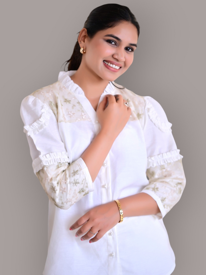 Ivory Gold Dream Linen Shirt, linen shirts, white shirt, net shirts, frill shirts 
