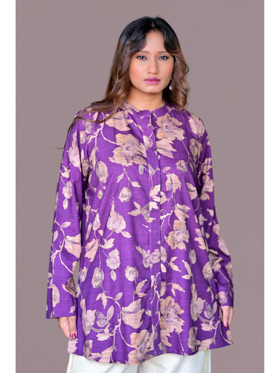 Purple Pashmina Print Shirt Kurti, pashmina shirt, purple shirts, partywear kurtis