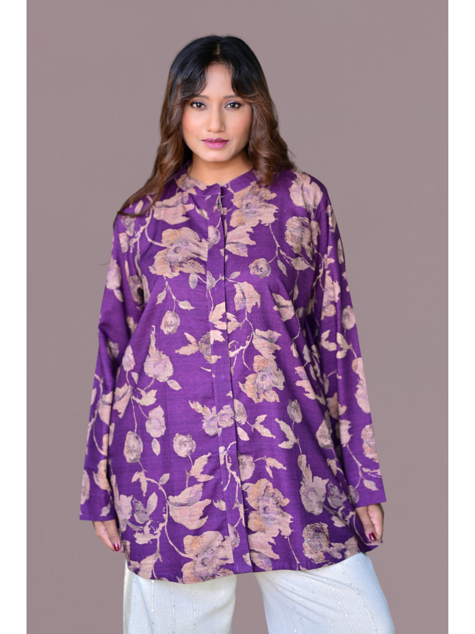 Purple Pashmina Print Shirt Kurti, pashmina shirt, purple shirts, partywear kurtis