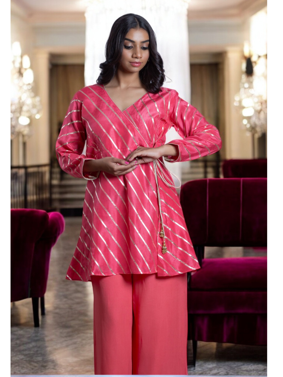 Pink Radiance Kurti Set, chanderi silk co ord set, pink set, party wear co ord, Pongal sale, Lohri sale
