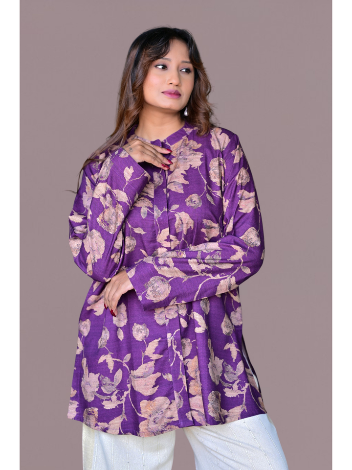 Purple Pashmina Print Shirt Kurti, pashmina shirt, purple shirts, partywear kurtis