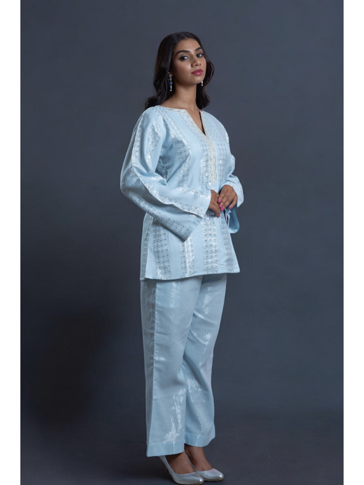  Radiant Sky Blue Set, chanderi co ord set, sky blue co ord set, party wear co ord, Pongal sale, Lohri sale
