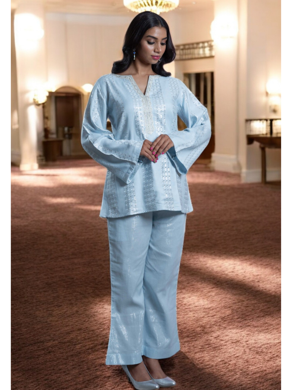  Radiant Sky Blue Set, chanderi co ord set, sky blue co ord set, party wear co ord, Pongal sale, Lohri sale
