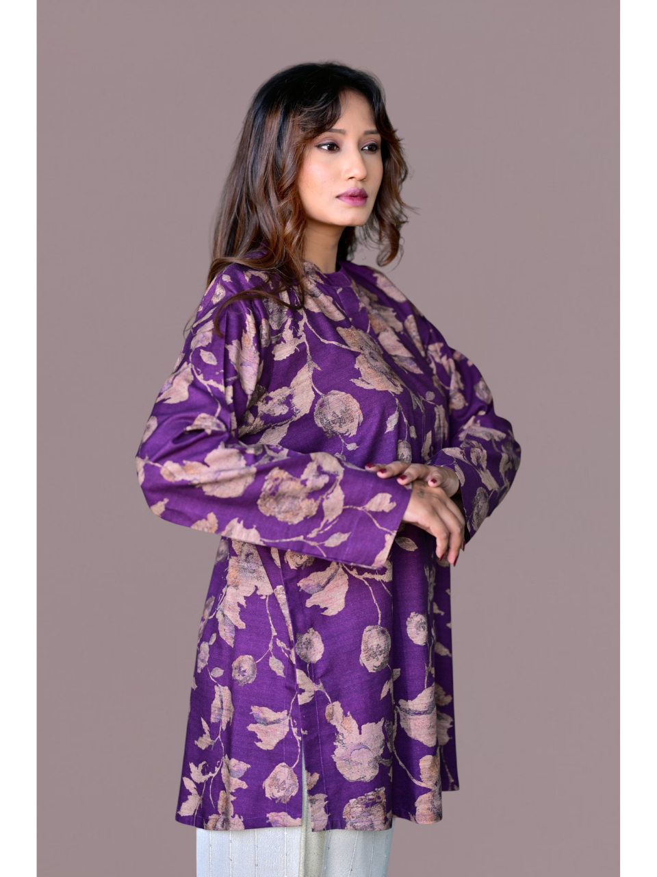 Purple Pashmina Print Shirt Kurti, pashmina shirt, purple shirts, partywear kurtis