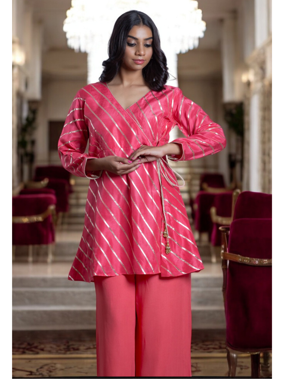 Pink Radiance Kurti Set, chanderi silk co ord set, pink set, party wear co ord, Pongal sale, Lohri sale
