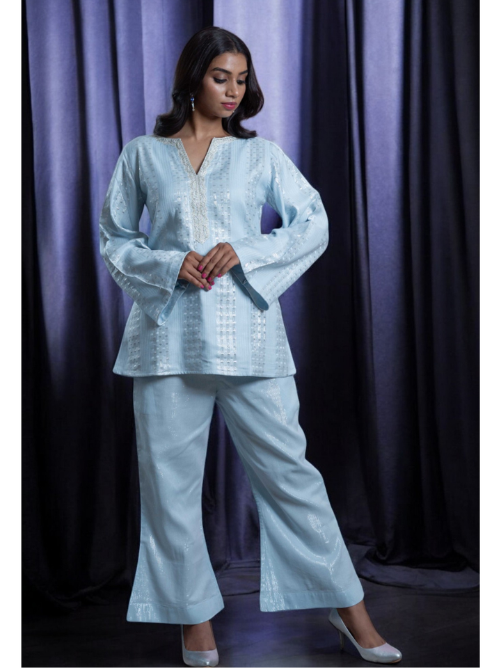  Radiant Sky Blue Set, chanderi co ord set, sky blue co ord set, party wear co ord, Pongal sale, Lohri sale
