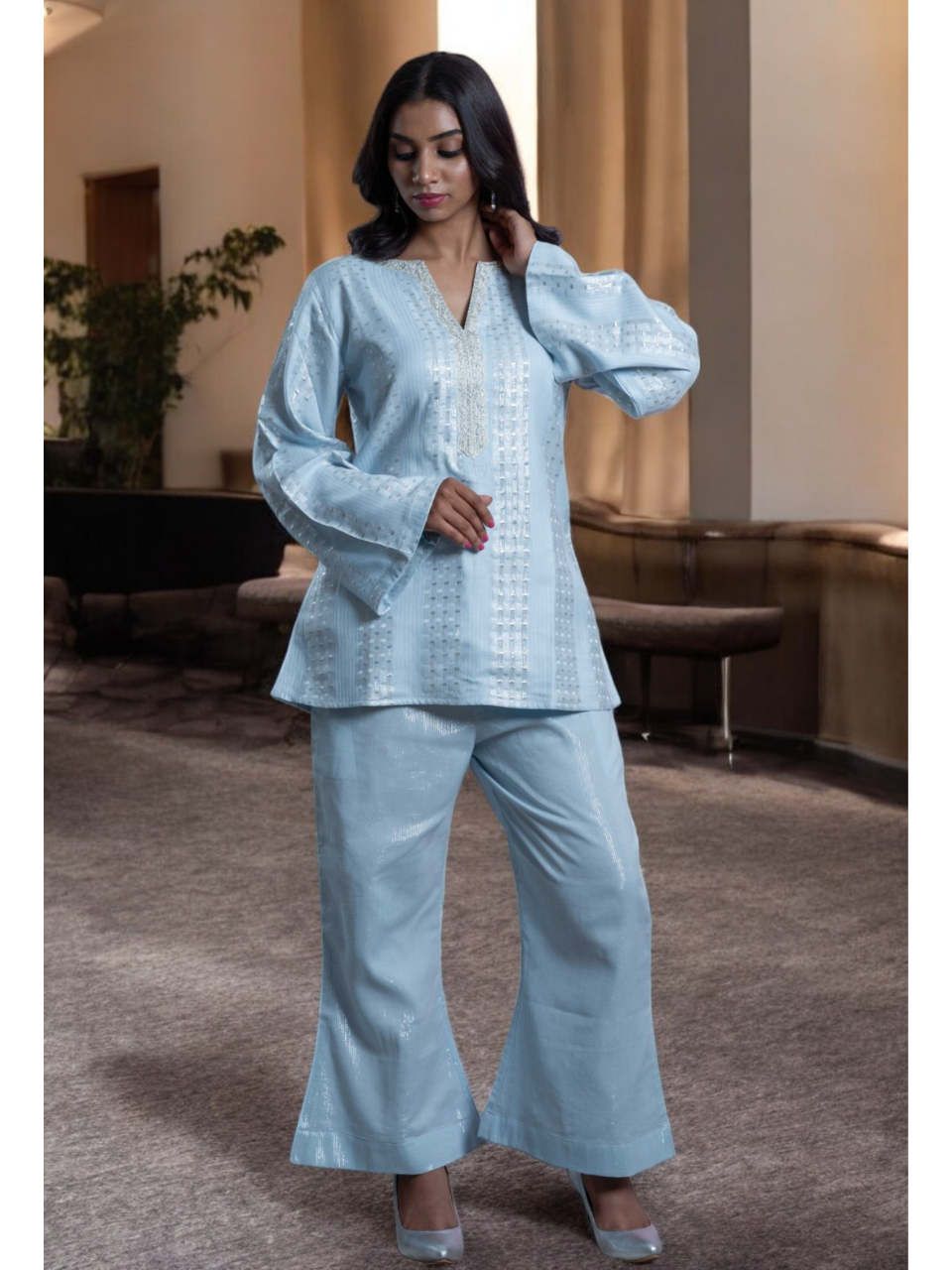  Radiant Sky Blue Set, chanderi co ord set, sky blue co ord set, party wear co ord, Pongal sale, Lohri sale
