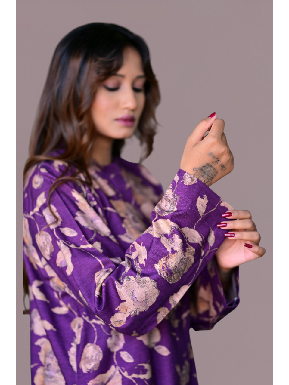 Purple Pashmina Print Shirt Kurti, pashmina shirt, purple shirts, partywear kurtis