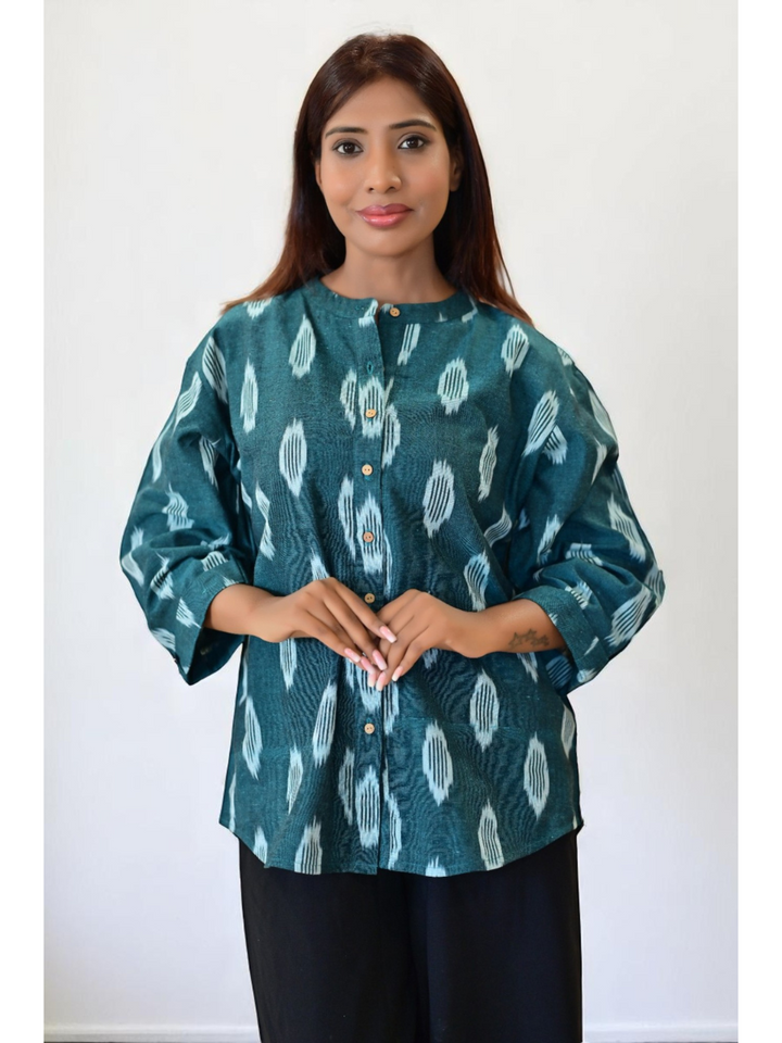 handloom cotton shirts for women, cotton shirt for women, Green Ikat Handloom Cotton Shirt, green shirt, ikat handloom shirts