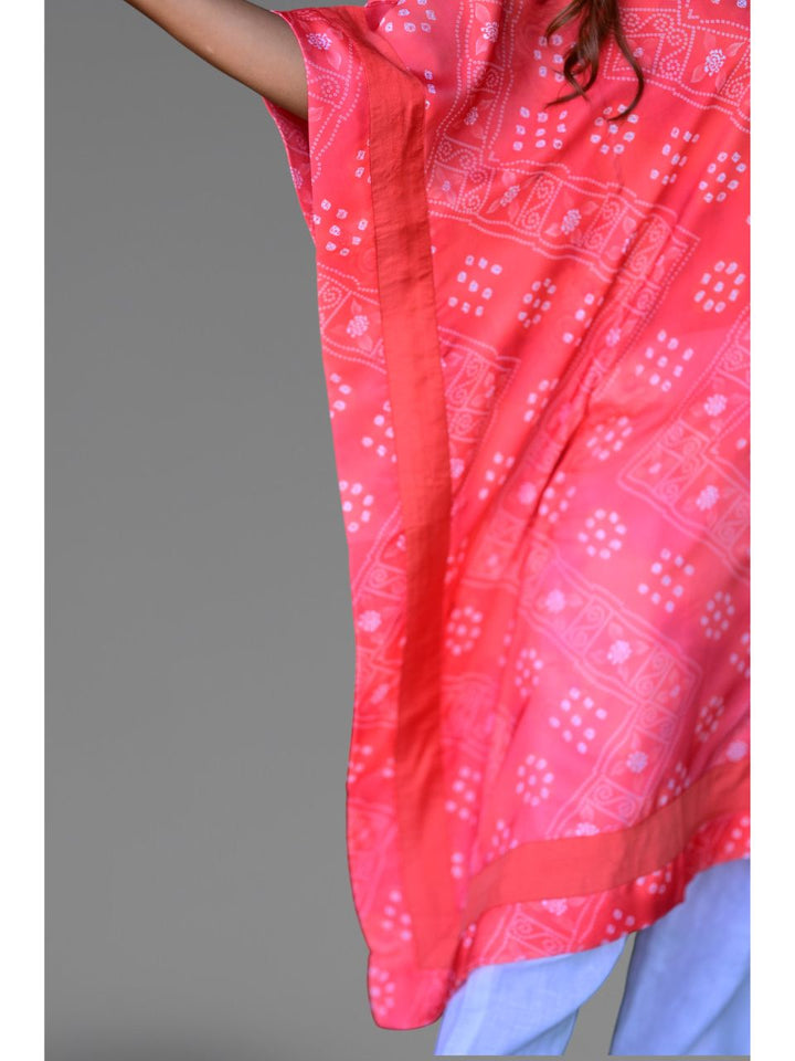 Red Bandhani Blossom Kaftan, organza silk kaftan, red kaftan, printed kaftans, modern ethnic, indo western kaftans