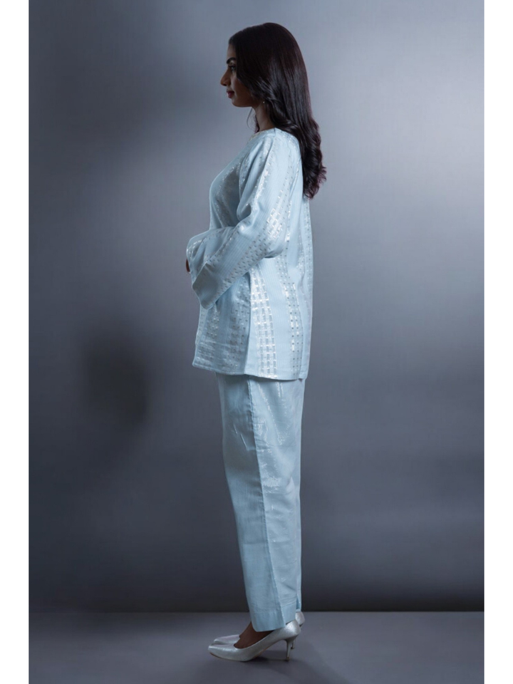  Radiant Sky Blue Set, chanderi co ord set, sky blue co ord set, party wear co ord, Pongal sale, Lohri sale
