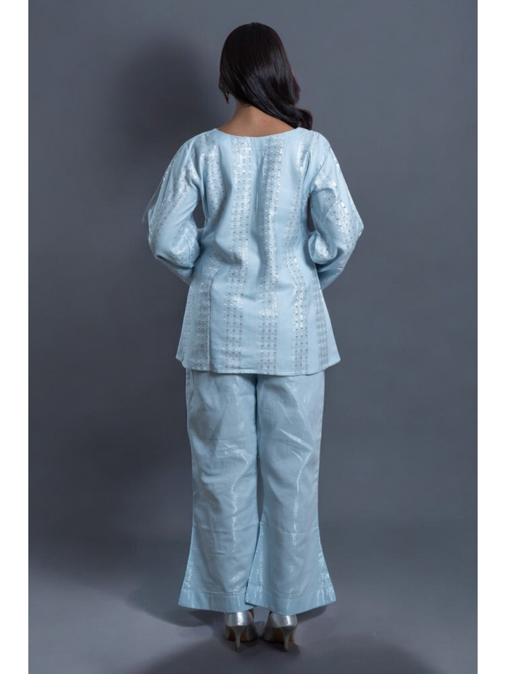  Radiant Sky Blue Set, chanderi co ord set, sky blue co ord set, party wear co ord, Pongal sale, Lohri sale
