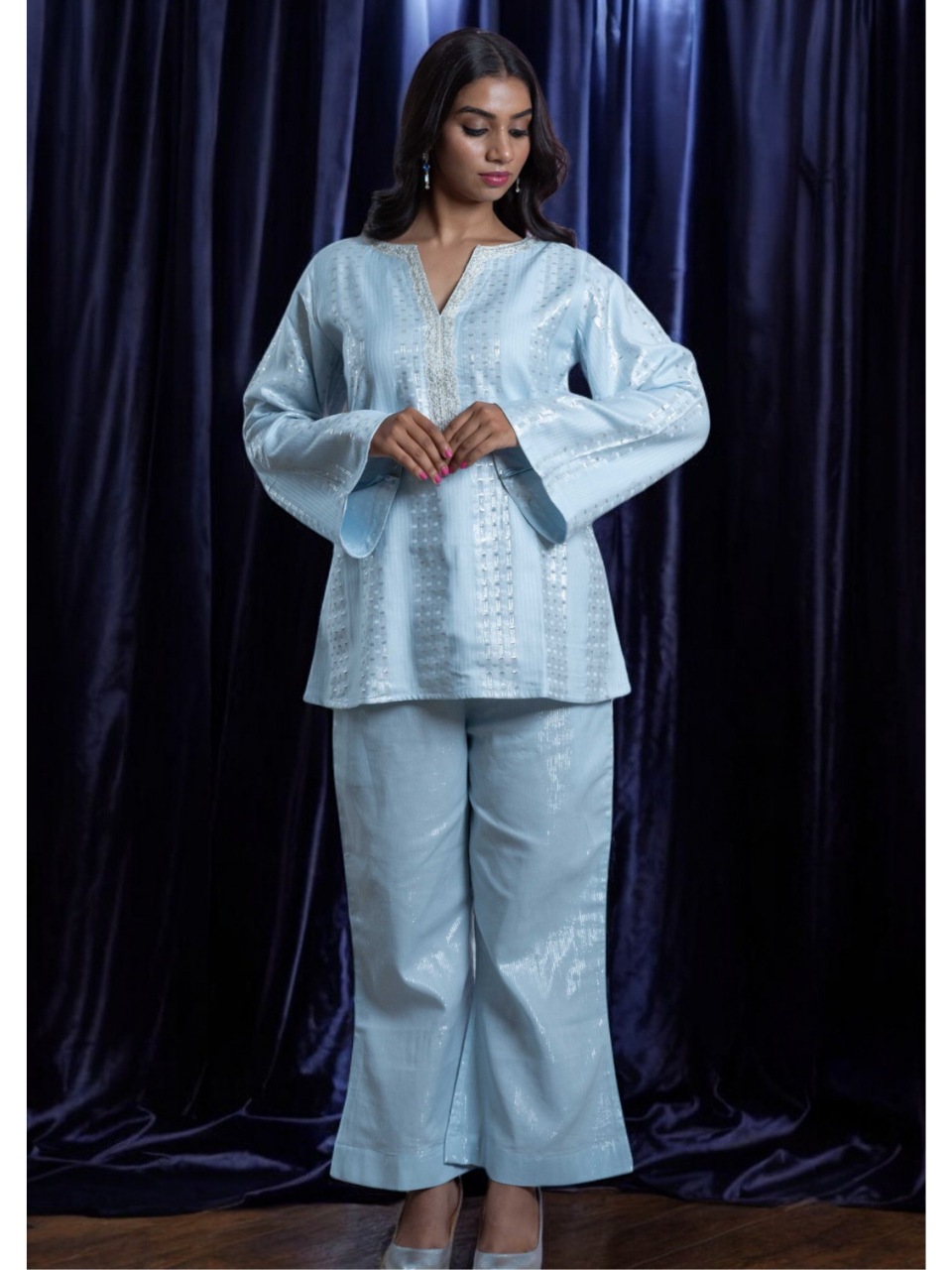  Radiant Sky Blue Set, chanderi co ord set, sky blue co ord set, party wear co ord, Pongal sale, Lohri sale
