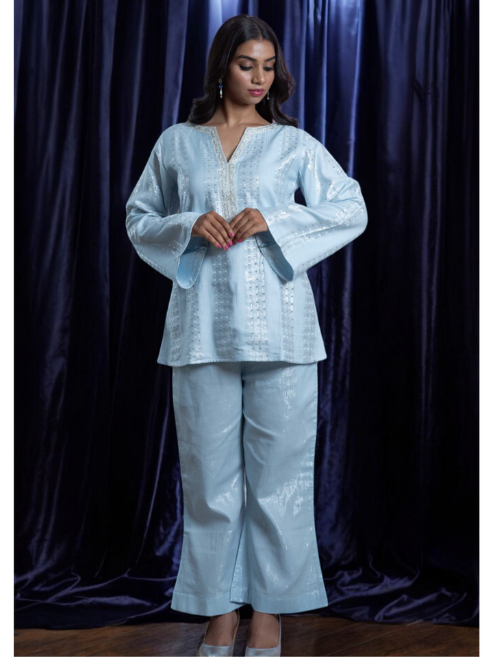  Radiant Sky Blue Set, chanderi co ord set, sky blue co ord set, party wear co ord, Pongal sale, Lohri sale
