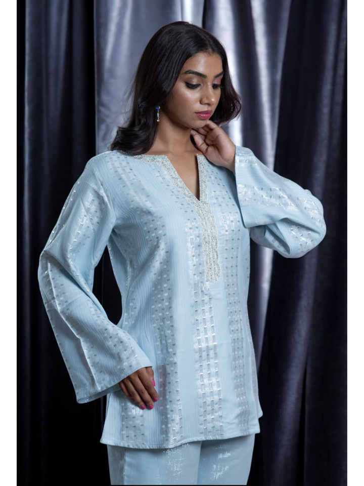  Radiant Sky Blue Set, chanderi co ord set, sky blue co ord set, party wear co ord, Pongal sale, Lohri sale, Pongal sale, Lohri sale
