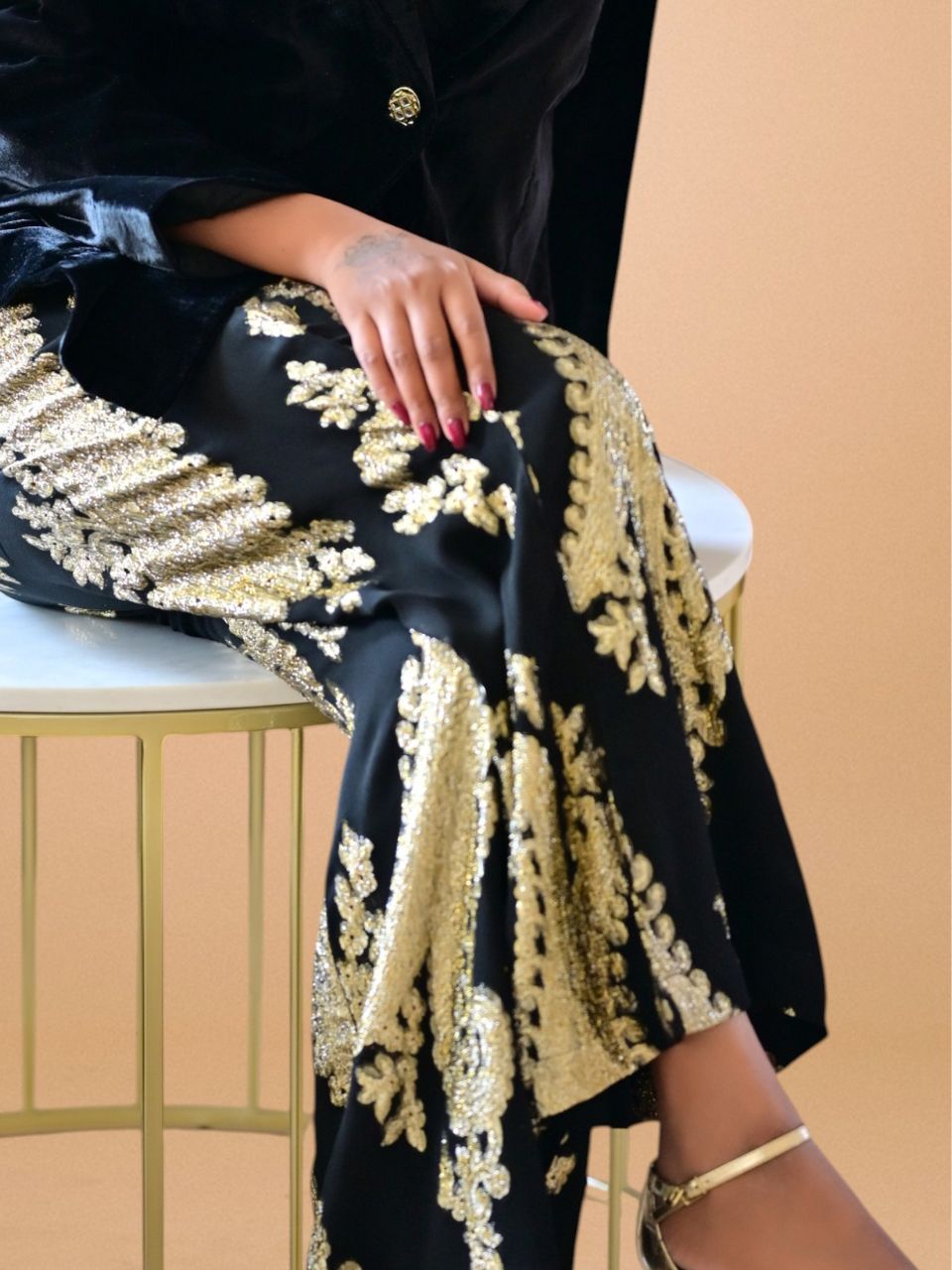 Velvet Zari Pant, velvet bottom, black pant, partywear bottoms