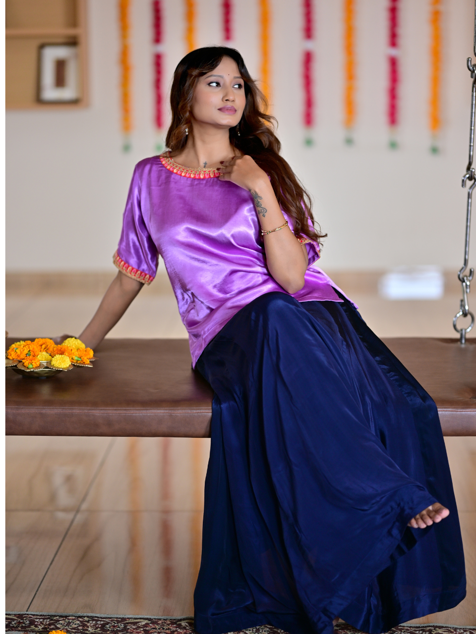 Pink Blue Rajkumari Ensemble, Skirt Set, partywear set, purple set, silk set