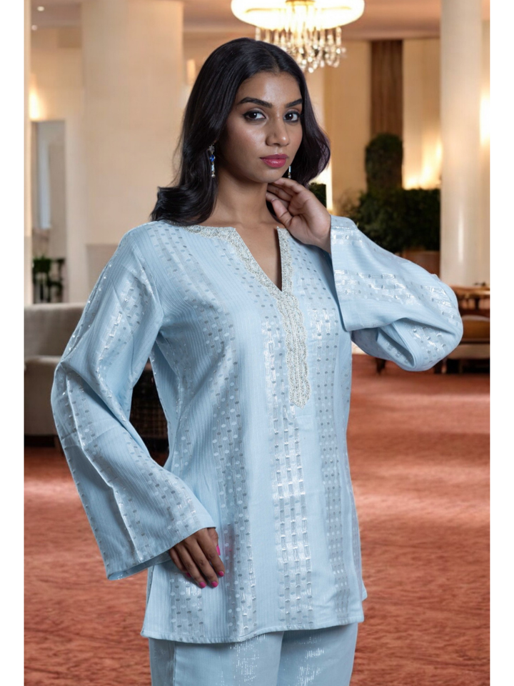  Radiant Sky Blue Set, chanderi co ord set, sky blue co ord set, party wear co ord, Pongal sale, Lohri sale
