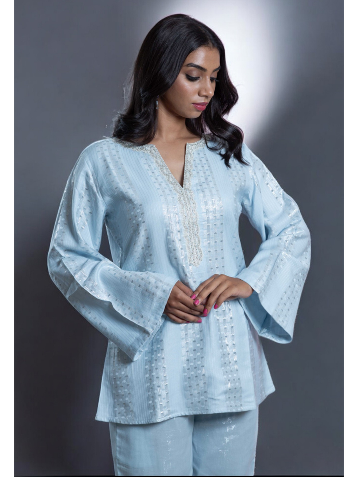  Radiant Sky Blue Set, chanderi co ord set, sky blue co ord set, party wear co ord, Pongal sale, Lohri sale
