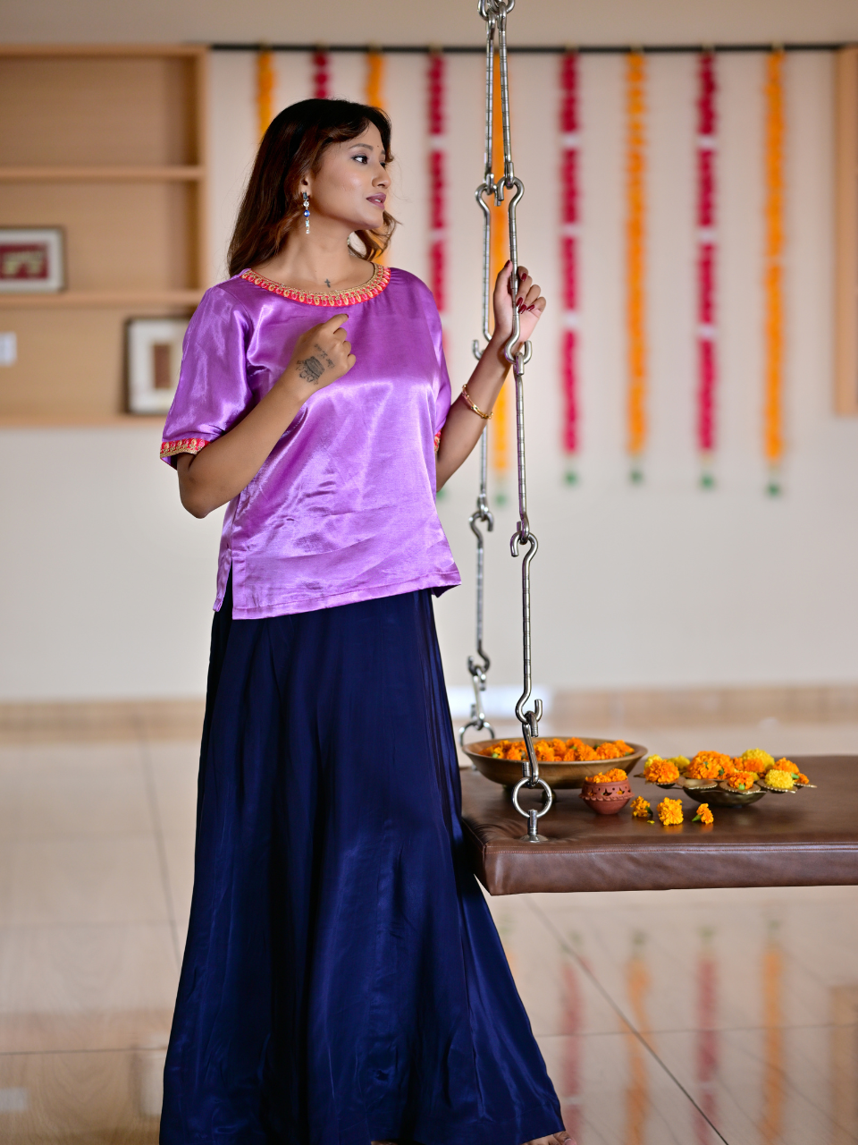 Pink Blue Rajkumari Ensemble, Skirt Set, partywear set, purple set, silk set