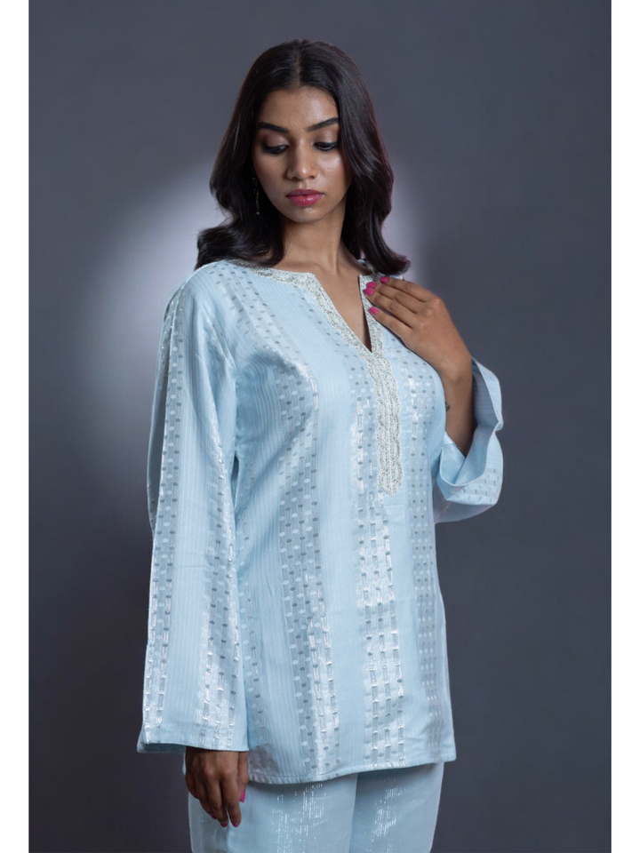  Radiant Sky Blue Set, chanderi co ord set, sky blue co ord set, party wear co ord, Pongal sale, Lohri sale
