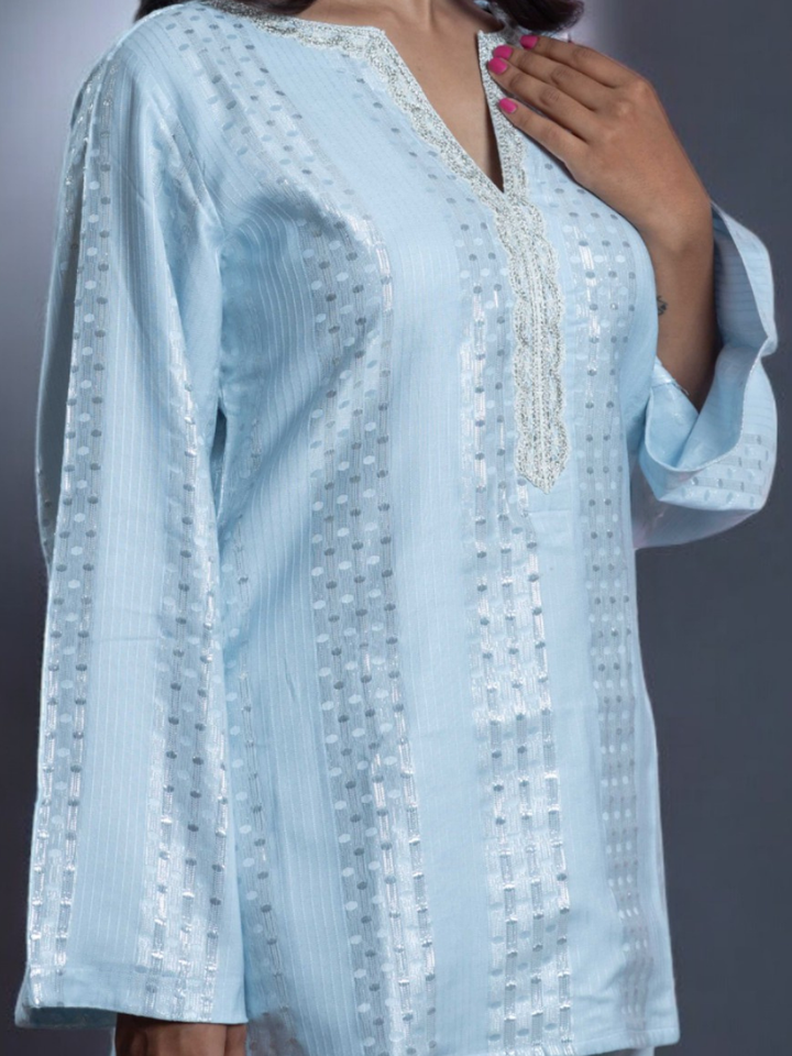  Radiant Sky Blue Set, chanderi co ord set, sky blue co ord set, party wear co ord, Pongal sale, Lohri sale
