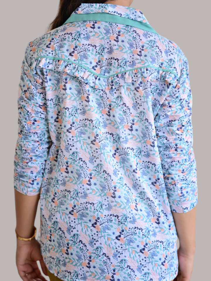  Serene Turquoise Shirt, viscose linen shirt, multicolor printed shirt, office wear shirt