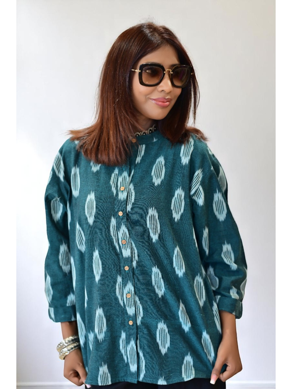 handloom cotton shirts for women, cotton shirt for women, Green Ikat Handloom Cotton Shirt, green shirt, ikat handloom shirts