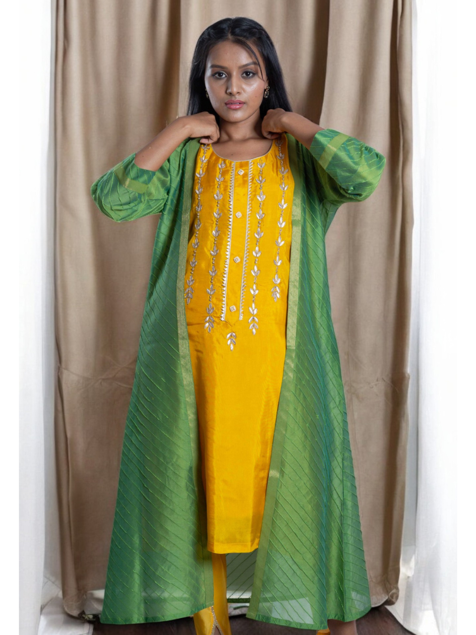 Radiant Chanderi Green Shrug, chanderi Shrug, Party wear shrug, jacket, Pongal sale, Lohri sale