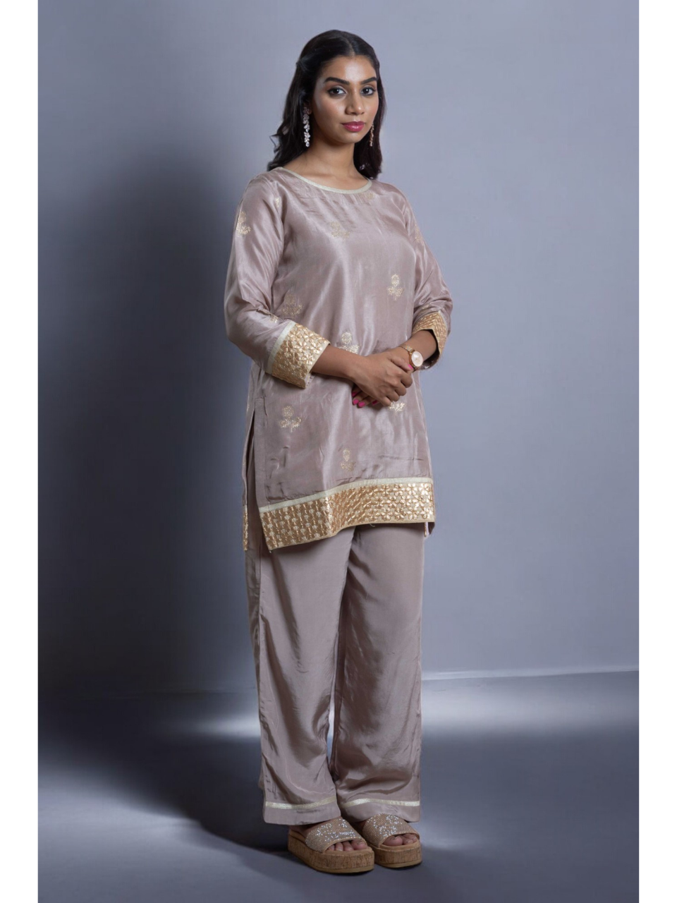 Radiant Golden Embroidery Set With Shrug, chanderi silk co ord set, fawn dark vanila co ord set, party wear co ord, three piece set, Pongal sale, Lohri sale
