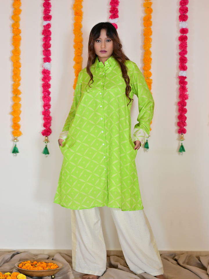 Green Muslin Meadow Shirt, muslin fabric shirt, green shirts, long shirts, indowestern shirts, modern ethnic shirts
