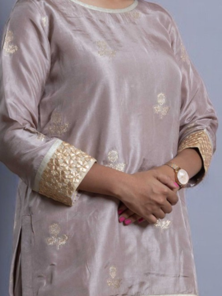 Radiant Golden Embroidery Set With Shrug, chanderi silk co ord set, fawn dark vanila co ord set, party wear co ord, three piece set, Pongal sale, Lohri sale

