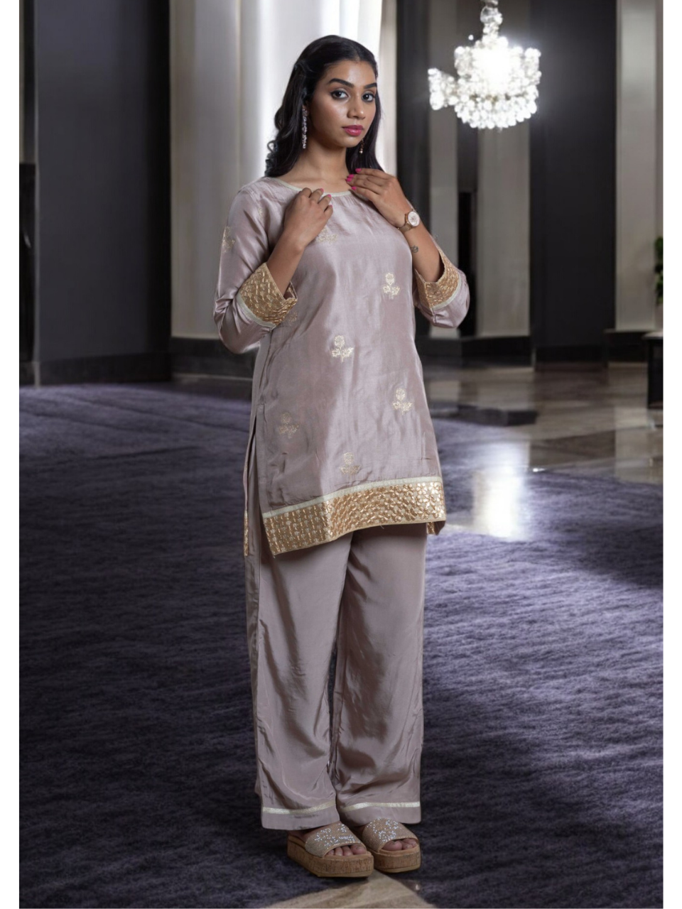 Radiant Golden Embroidery Set With Shrug, chanderi silk co ord set, fawn dark vanila co ord set, party wear co ord, three piece set, Pongal sale, Lohri sale
