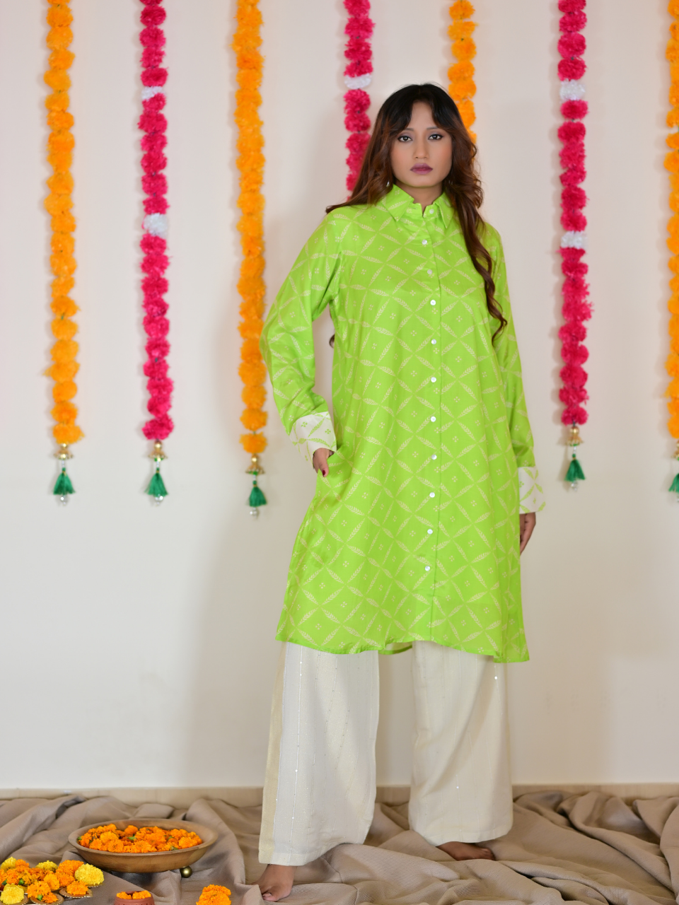 Green Muslin Meadow Shirt, muslin fabric shirt, green shirts, long shirts, indowestern shirts, modern ethnic shirts