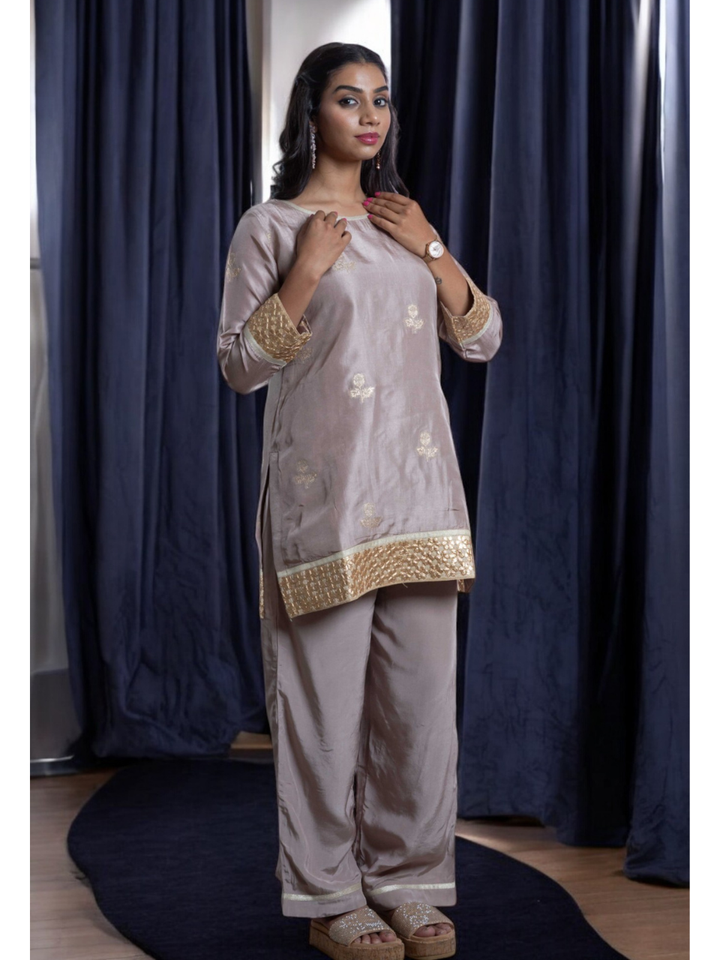 Radiant Golden Embroidery Set With Shrug, chanderi silk co ord set, fawn dark vanila co ord set, party wear co ord, three piece set, Pongal sale, Lohri sale
