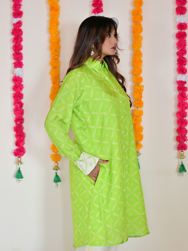 Green Muslin Meadow Shirt, muslin fabric shirt, green shirts, long shirts, indowestern shirts, modern ethnic shirts