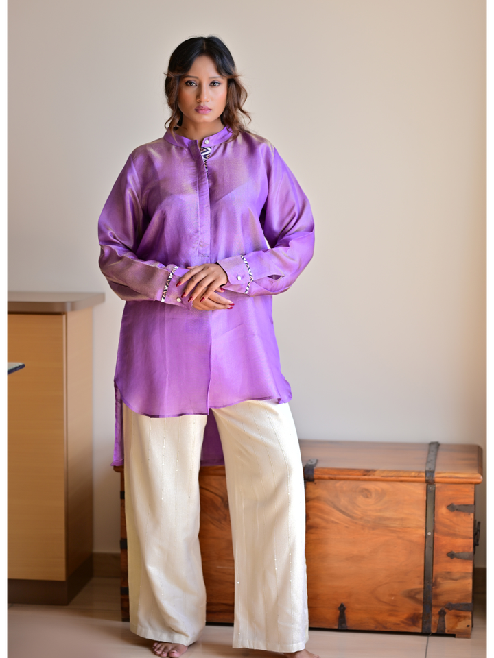 Lavender Gold tissue Silk Shirt Kurta, tissue silk shirt, purple shirts, stylish shirts