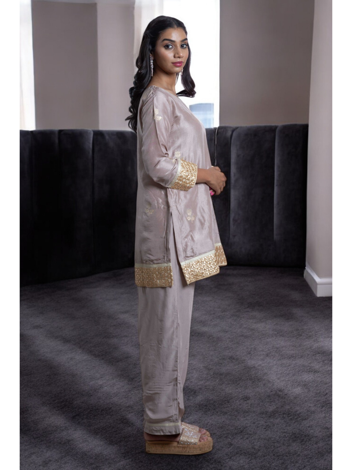 Radiant Golden Embroidery Set With Shrug, chanderi silk co ord set, fawn dark vanila co ord set, party wear co ord, three piece set, Pongal sale, Lohri sale

