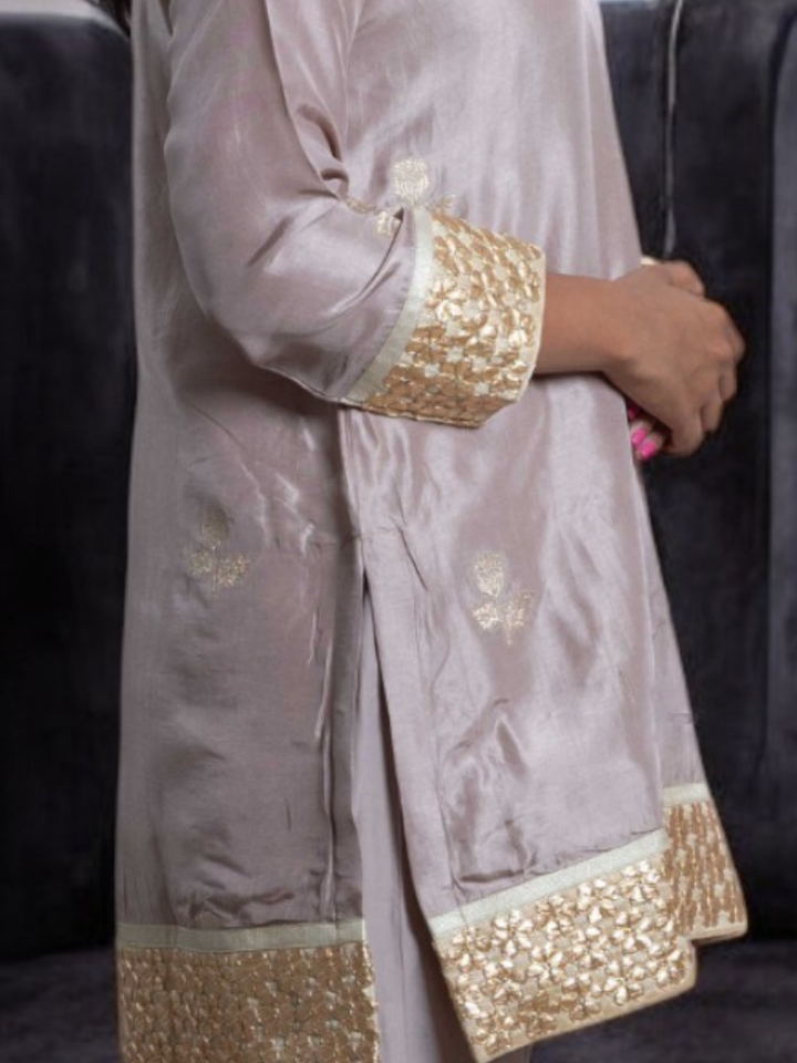 Radiant Golden Embroidery Set With Shrug, chanderi silk co ord set, fawn dark vanila co ord set, party wear co ord, three piece set, Pongal sale, Lohri sale

