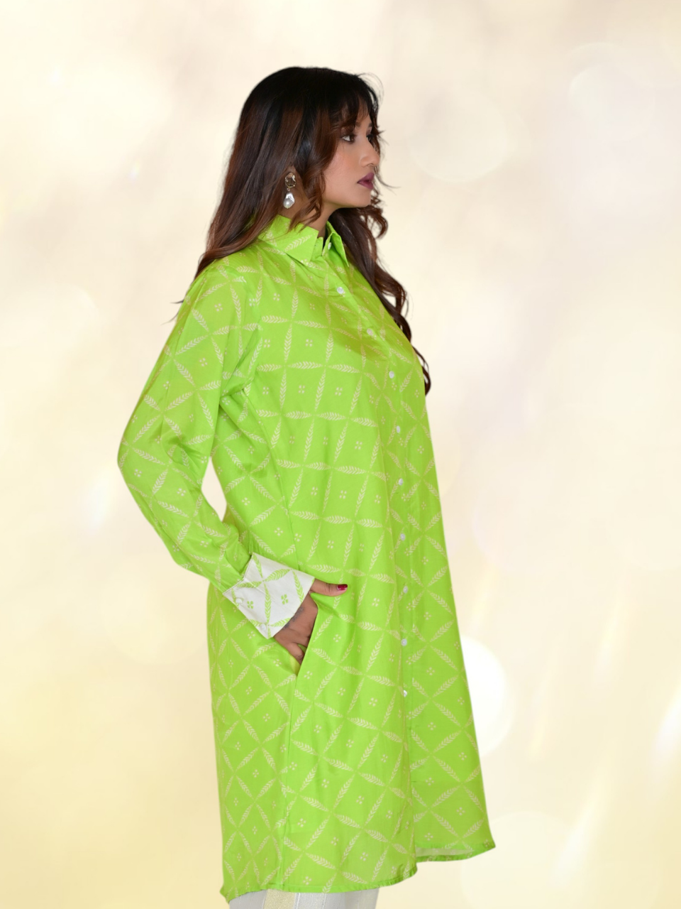 Green Muslin Meadow Shirt, muslin fabric shirt, green shirts, long shirts, indowestern shirts, modern ethnic shirts