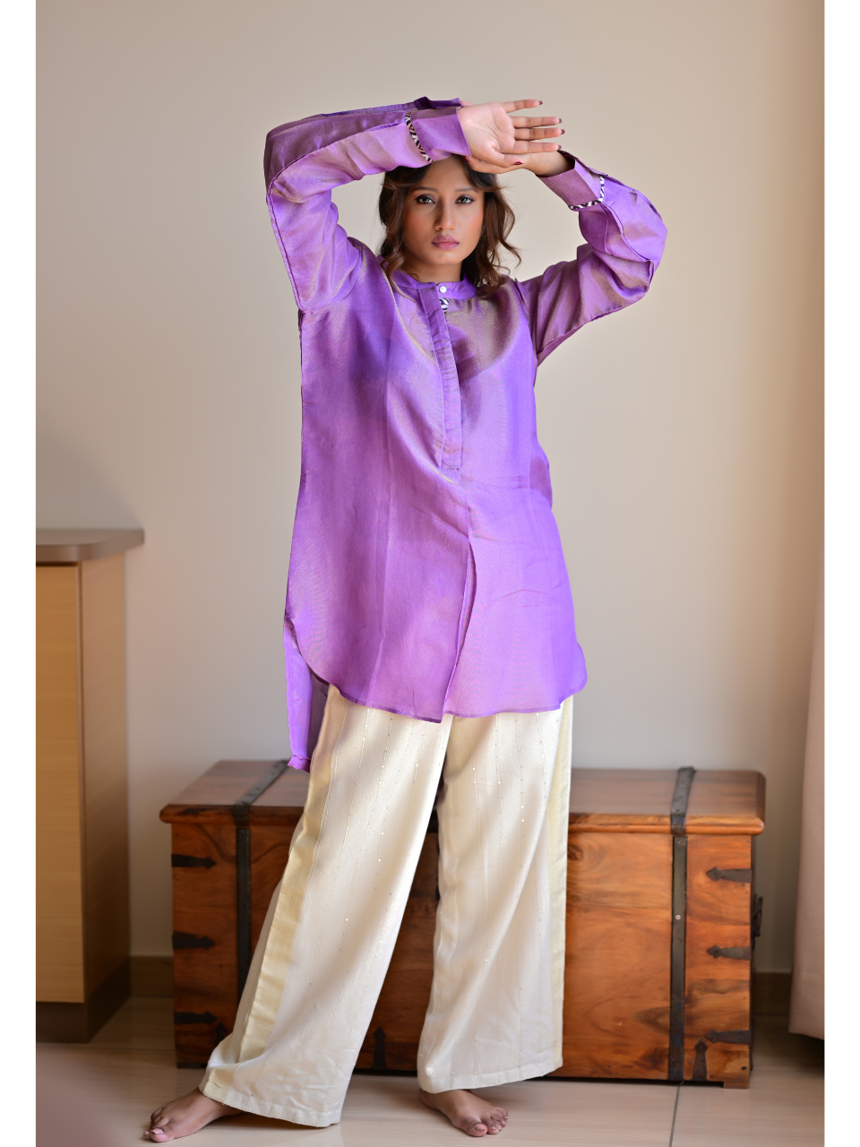 Lavender Gold tissue Silk Shirt Kurta, tissue silk shirt, purple shirts, stylish shirts