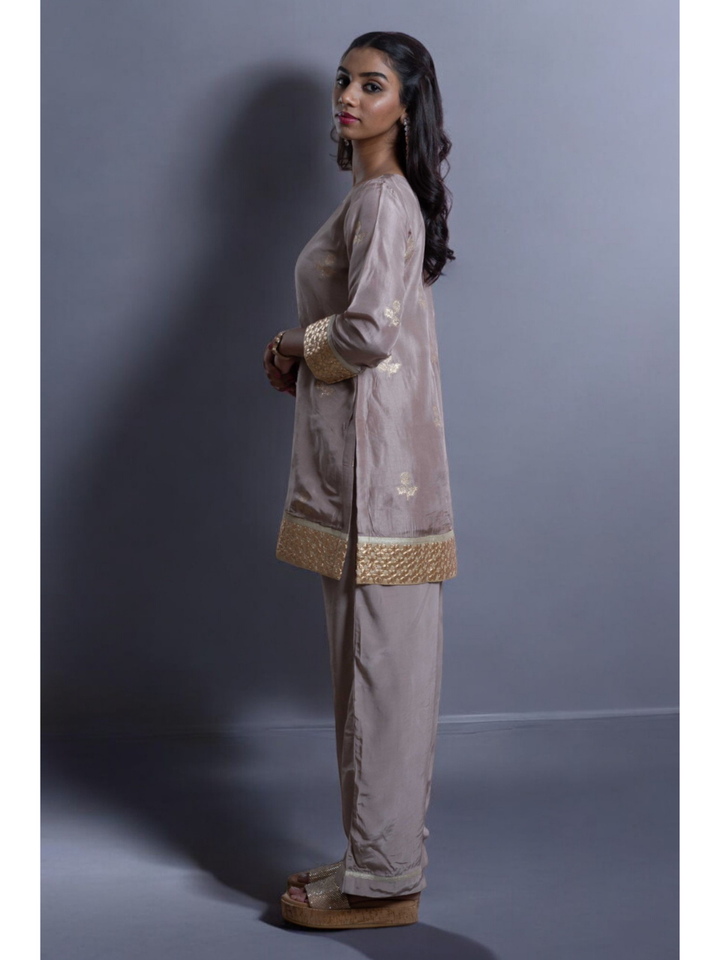 Radiant Golden Embroidery Set, Radiant Golden Embroidery Set With Shrug, chanderi silk co ord set, fawn dark vanila co ord set, party wear co ord, three piece set, Pongal sale, Lohri sale
