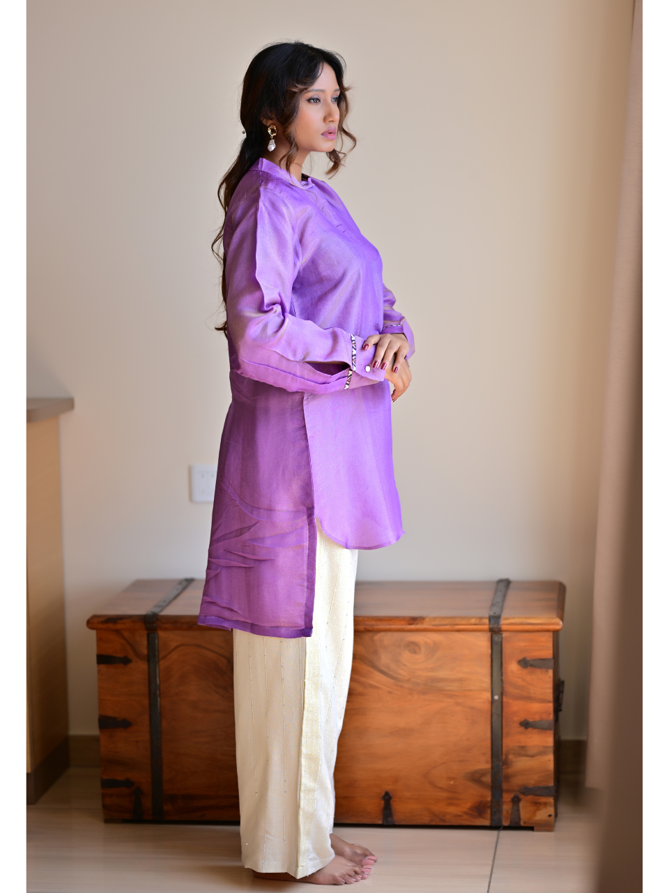 Lavender Gold tissue Silk Shirt Kurta, tissue silk shirt, purple shirts, stylish shirts