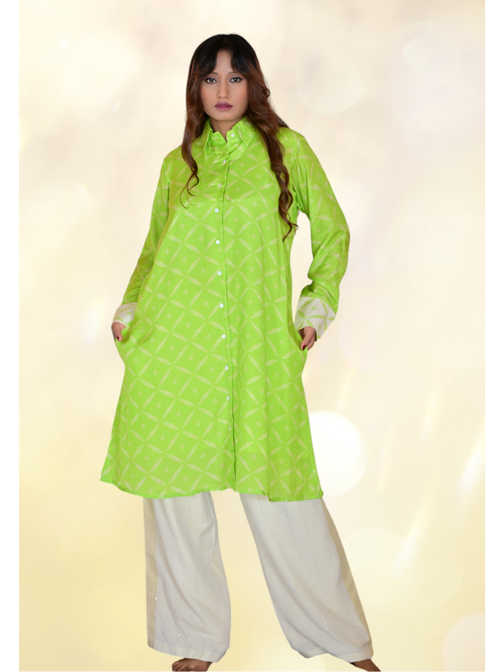 Green Muslin Meadow Shirt, muslin fabric shirt, green shirts, long shirts, indowestern shirts, modern ethnic shirts