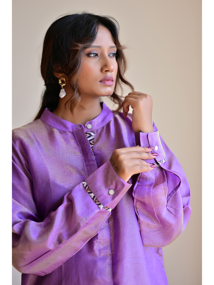 Lavender Gold tissue Silk Shirt Kurta, tissue silk shirt, purple shirts, stylish shirts