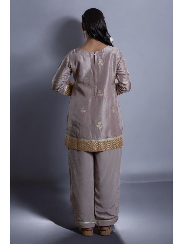 Radiant Golden Embroidery Set With Shrug, chanderi silk co ord set, fawn dark vanila co ord set, party wear co ord, three piece set, Pongal sale, Lohri sale

