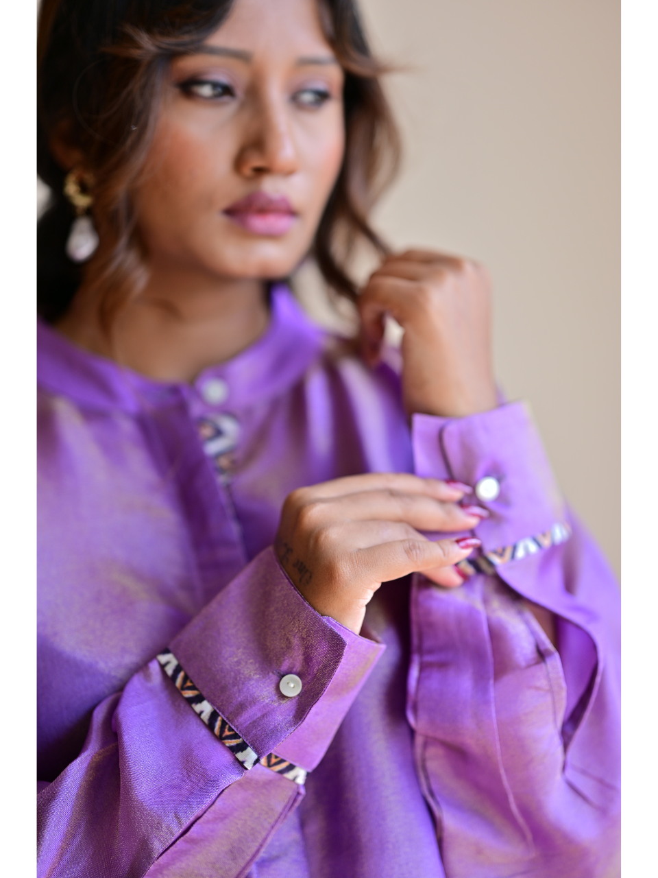 Lavender Gold tissue Silk Shirt Kurta, tissue silk shirt, purple shirts, stylish shirts