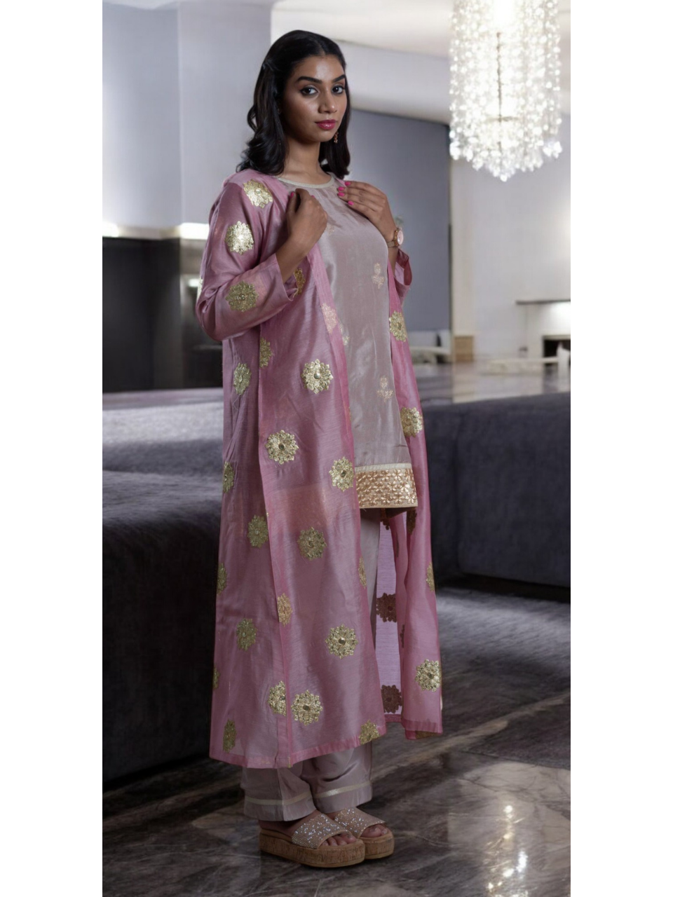 Radiant Golden Embroidery Set With Shrug, chanderi silk co ord set, fawn dark vanila co ord set, party wear co ord, three piece set, Pongal sale, Lohri sale

