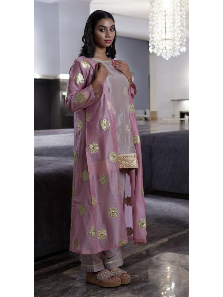 Radiant Golden Embroidery Set With Shrug, chanderi silk co ord set, fawn dark vanila co ord set, party wear co ord, three piece set, Pongal sale, Lohri sale

