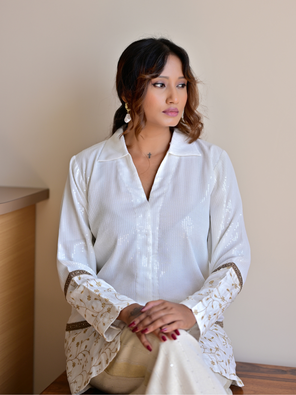 White Sequin Embroidered Shirt, silk shirt, white shirts, partywear shirts, embroidered shirt
